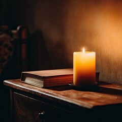 Single candle softly burning on a nightstand with a book in a cozy bedroom. AI-generated image