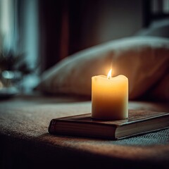 Single candle softly burning on a nightstand with a book in a cozy bedroom. AI-generated image