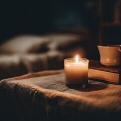 Single candle softly burning on a nightstand with a book in a cozy bedroom. AI-generated image