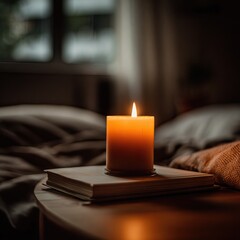 Single candle softly burning on a nightstand with a book in a cozy bedroom. AI-generated image