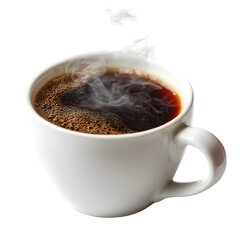Steaming hot coffee in a white mug isolated on transparent background