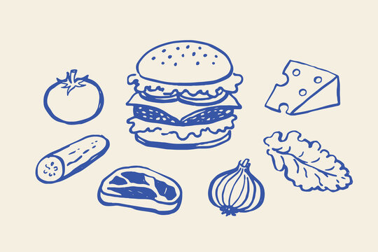 Burger ingredients doodle line icon set vector illustration