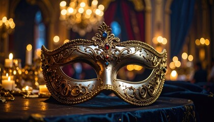 Ornate Gold Venetian Mask on Dark Surface with Candlelight Background