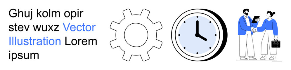 Business planning, teamwork, efficiency, time tracking, collaboration, corporate relations. Gear icon, clock symbol two people shaking hands. Business collaboration and teamwork concepts