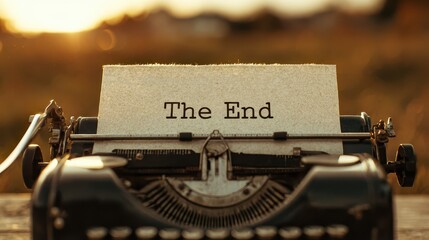 Typewriter paper with the words The End symbolizes closure, reflection, and the final chapter of a completed story.
