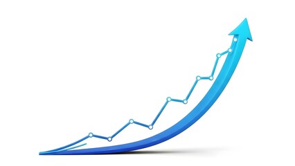 A blue arrow graph showing an upward trend on a white background
