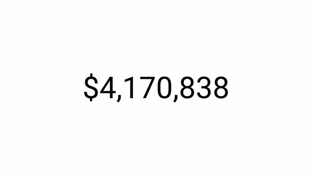 dollar Number counter animation from zero to five million on a transparent background, $0 to $5000000 animated dollar number counter with alpha channel best for  amount concepts.