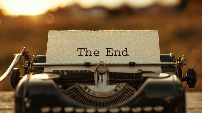 Typewriter paper with the words The End symbolizes closure, reflection, and the final chapter of a completed story.
