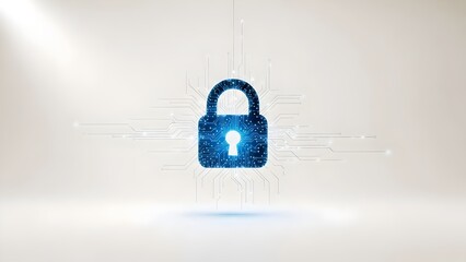A blue padlock with a glowing keyhole on a white background with digital circuit lines