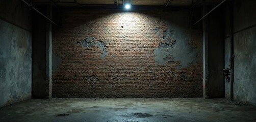 Dark empty industrial basement interior. Old brick wall with peeling plaster. Concrete floor with puddles. Single light bulb illuminates brickwork.