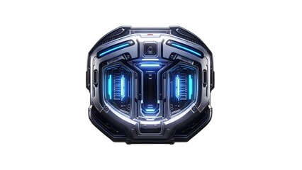Fototapeta premium A futuristic metallic object with blue glowing details on a white background