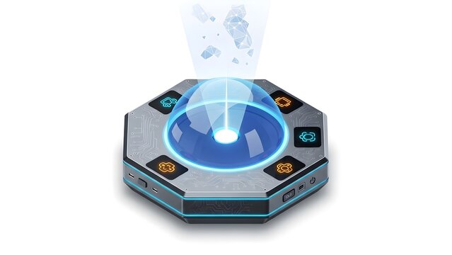 A futuristic control panel with a glowing blue interface and holographic display - Powered by Adobe