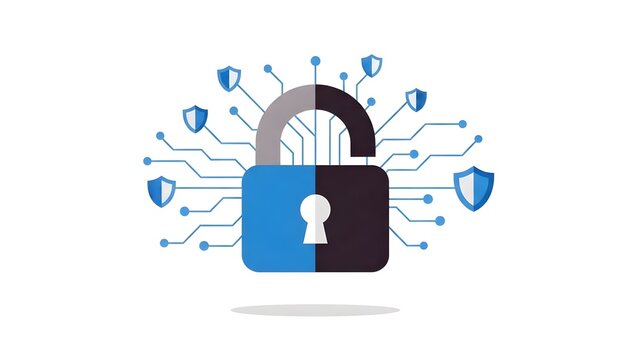 A graphic illustration of a secure padlock with shield icons around it