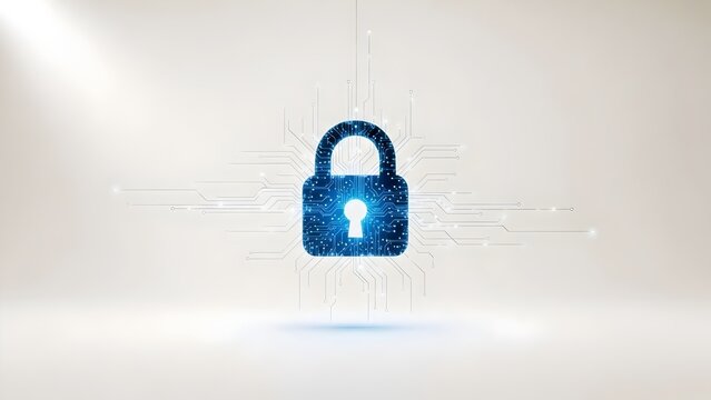 A blue padlock with a glowing keyhole on a white background with digital circuit lines - Powered by Adobe