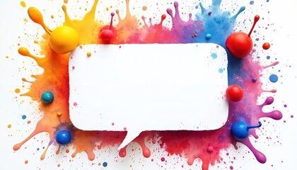 White speech bubble frame with vibrant rainbow paint splashes and colorful balls. Empty space for text on white background. Creative abstract art for design or marketing.