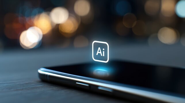 Artificial intelligence icon glowing above a smartphone screen with bokeh city lights in background - Powered by Adobe