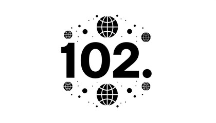 Black number 102 encircled with globes and dots against white