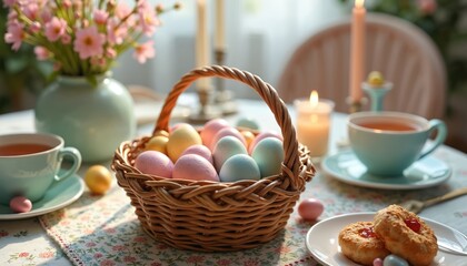 Wicker basket filled with pastel easter eggs on festive table. Cups of tea, candles, and spring flowers create warm holiday atmosphere. Sweet pastries and eggs scattered around.