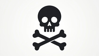 Black skull and crossbones icon on white background. Symbol warns of danger hazard or poison. Used for pirate flags safety signs and digital interfaces.
