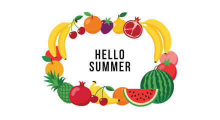 Hello Summer greeting card design with text inside a rectangular frame composed of various colorful and fresh tropical fruits.