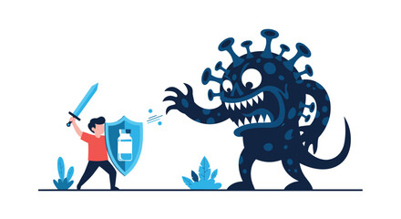 Brave character with a sword and a vaccine shield courageously fighting a scary coronavirus monster, symbolizing immunization power.