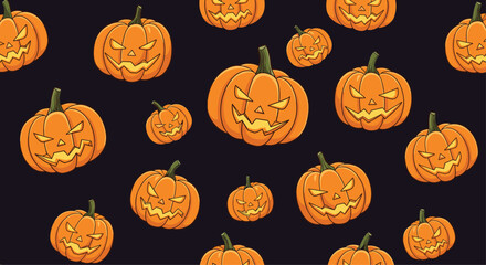 A spooky and fun seamless pattern of carved Halloween jack-o'-lantern pumpkins with scary faces on a dark background for the holiday.