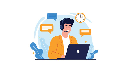 Friendly male customer service representative wearing a headset and working on a laptop, providing online client assistance.