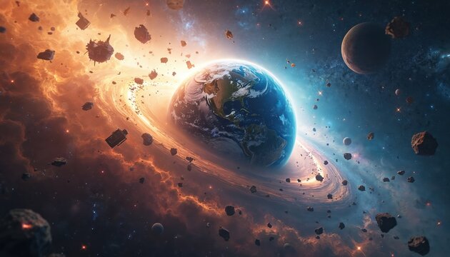 Earth orbits in bright space surrounded by cosmic debris. Planets and nebulae glow with vibrant colors. Stars twinkle in the deep blue. Celestial bodies drift through the vast universe.