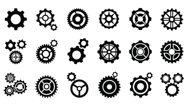 Collection of various black and white gear icons and mechanical elements