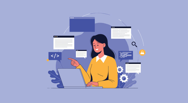 Female software developer or programmer working on her laptop, multitasking with various code windows and user interface elements.