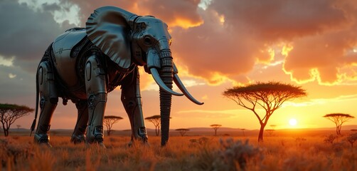 Mechanical elephant walks across savanna at sunset. Futuristic robotic animal with intricate details stands in dry grass. African landscape with acacia trees under orange sky.