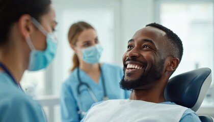 Man smiles during dental exam with masked staff in bright clinic. He sits in chair, looking up while dentists provide oral care. Routine checkup for healthy teeth.