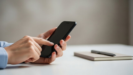 Close-up of hands using smartphone at white desk