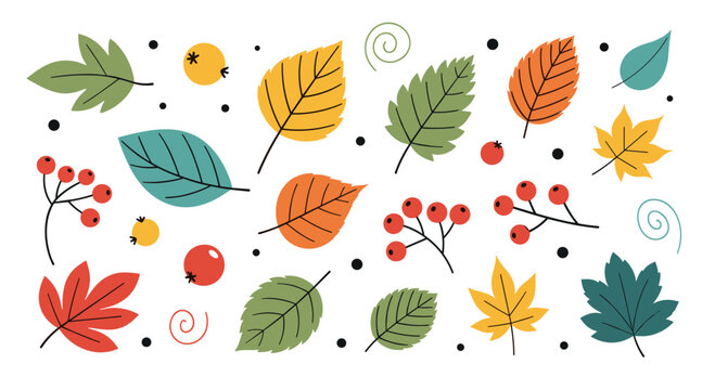 Collection of colorful autumn leaves, berries, and doodle elements in a hand-drawn style for seasonal fall designs.