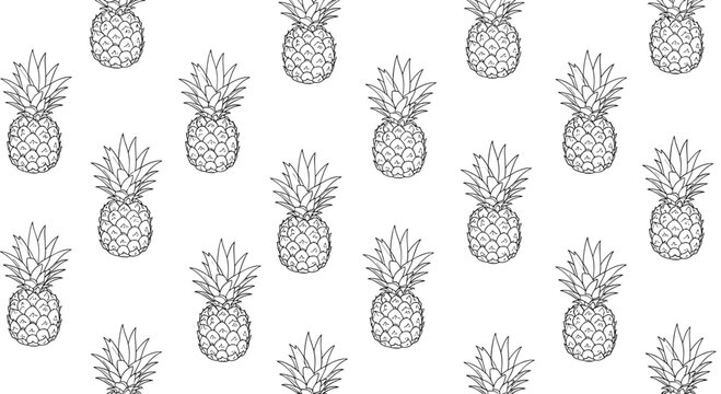 Seamless pattern of hand-drawn pineapples in a black and white sketch line art style, great for a tropical background.