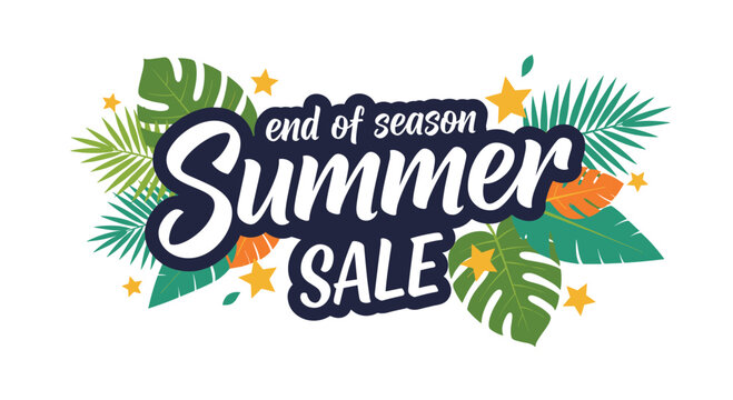 End of season Summer Sale banner with bold typography, tropical leaves, and stars for retail and promotional advertising. - Powered by Adobe