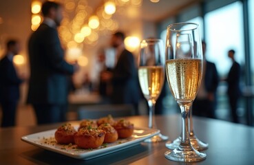 Two champagne glasses with bubbly liquid and appetizers on a table. Blurred professionals at a modern office party, with bokeh lights in background. Elegant corporate event.