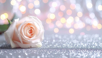 Peach Rose on Glittering Surface with Bokeh Lights