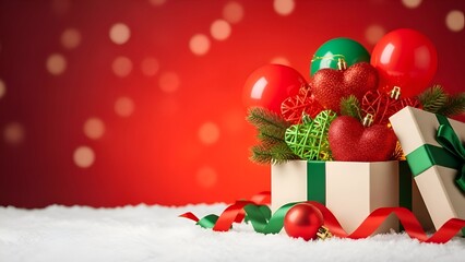 Holiday Gift Box Display with Heart Balloons Copy Space