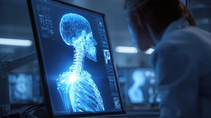 Doctor analyzing a glowing blue 3D human skeleton scan on a computer screen