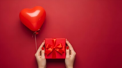 Hands Holding Red Gift with Heart Balloon Flatlay