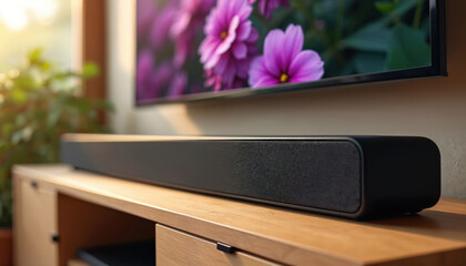 Black soundbar speaker sits on wood tv stand below large screen displaying flowers. Modern audio device for home cinema, entertainment room setup.