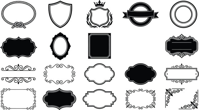 Set of vintage rope frames and shield badges. Vector black nautical border and empty label shapes for logo design.