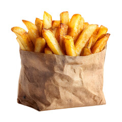 Delicious french fries in brown paper bag isolated on transparent background