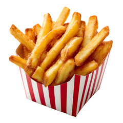 Delicious french fries in red and white striped box isolated on transparent background