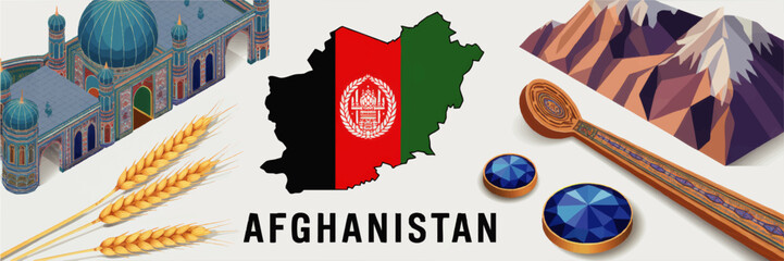 Afghanistan culture vector set with country map flag, mosque landmark, Hindu Kush mountains, wheat, lapis lazuli and traditional crafts