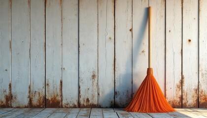 Orange broom with wooden handle rests on weathered wood wall and floor. Light and shadow create a rustic, textured background. Simple, aged cleaning tool implies chores or country living.