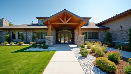 Fototapeta premium Modern senior living facility entrance features stone and wood accents. Well kept lawn and garden path welcome visitors. Clean architecture promotes comfort and safety for residents.