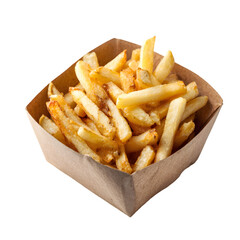 Delicious french fries in paper container isolated on transparent background