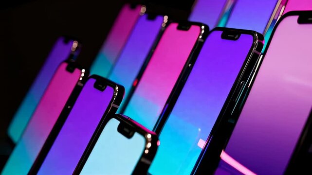 colorful modern smartphones with glowing neon screens arranged in staggered rows against a dark background in a futuristic technology concept